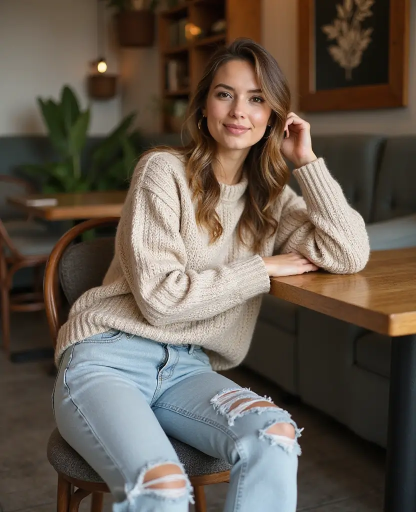 22 Ways to Style Jeans: Fresh Outfit Ideas for Women - 16. Sweaters with Distressed Hem Jeans