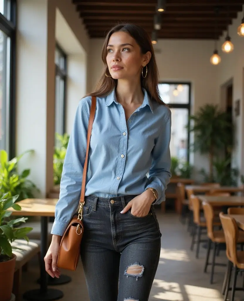22 Ways to Style Jeans: Fresh Outfit Ideas for Women - 4. Chambray Shirt and Dark Denim