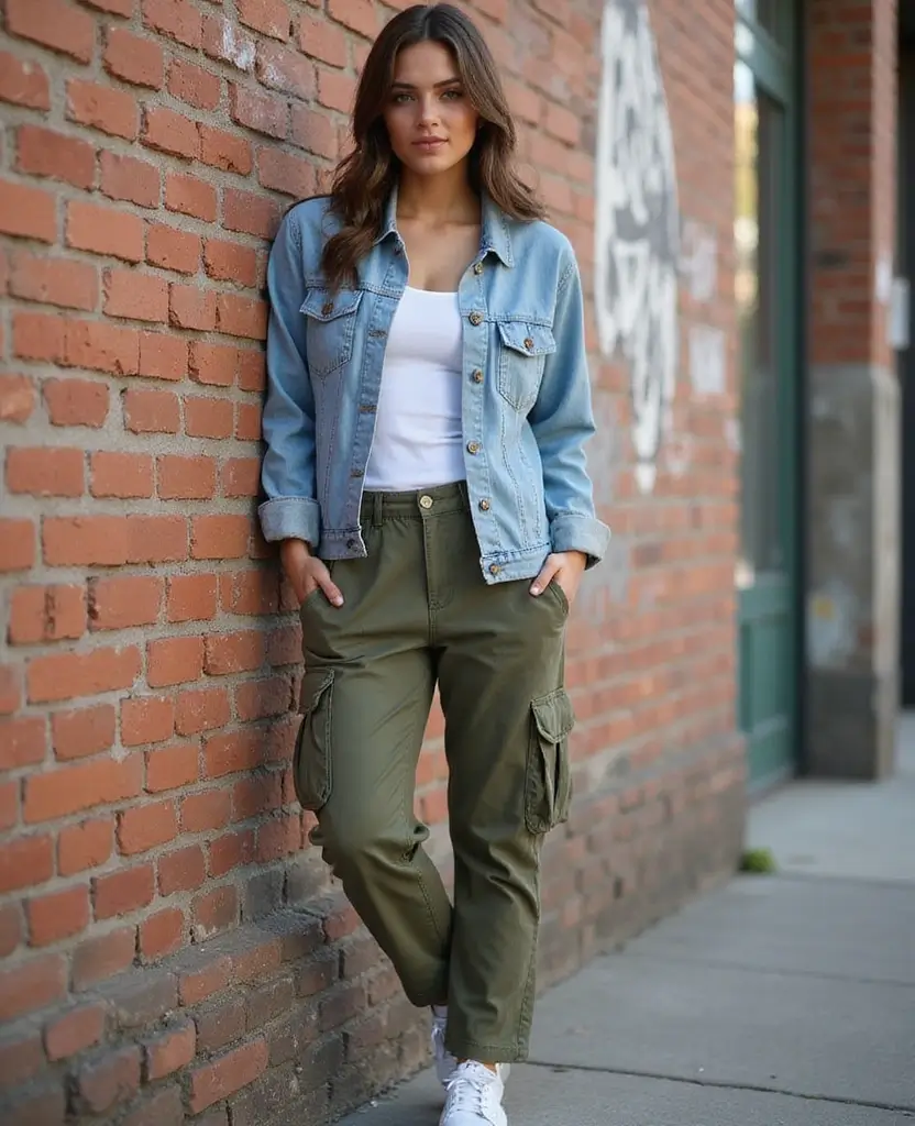 22 Ways to Style Jeans: Fresh Outfit Ideas for Women - 7. Denim Jacket and Cargo Pants