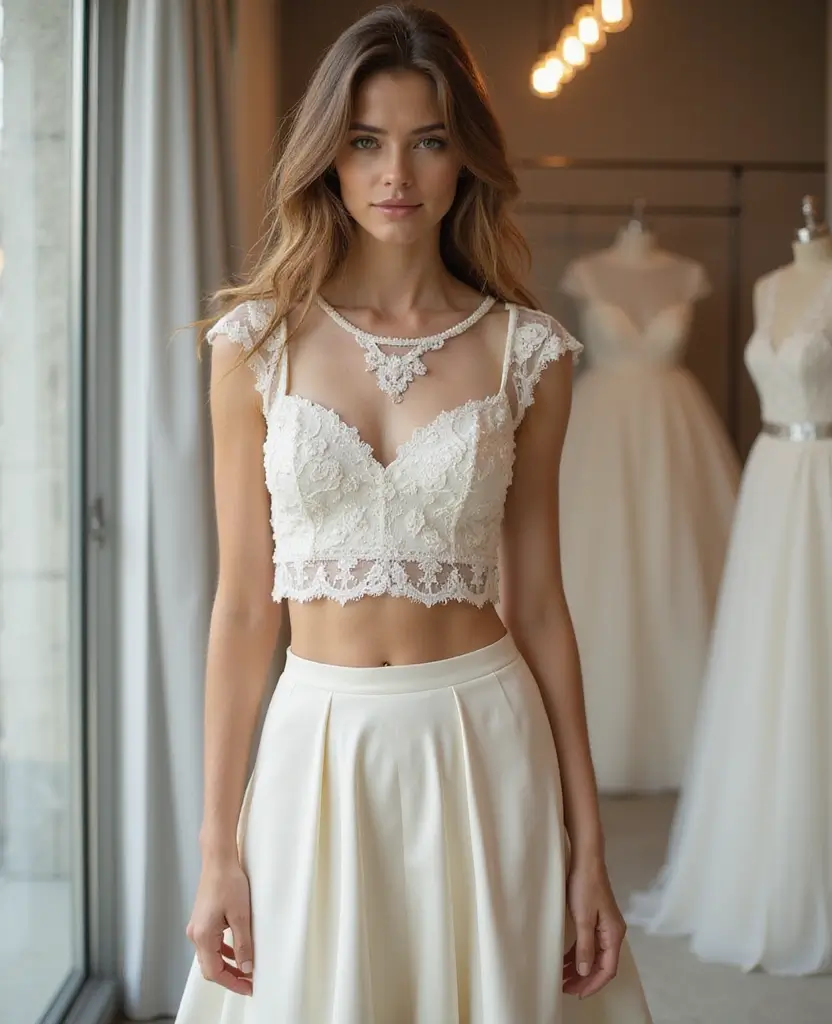 22 Wedding Dresses for Curvy Brides That Wow - 10. Modern Two-Piece Sets