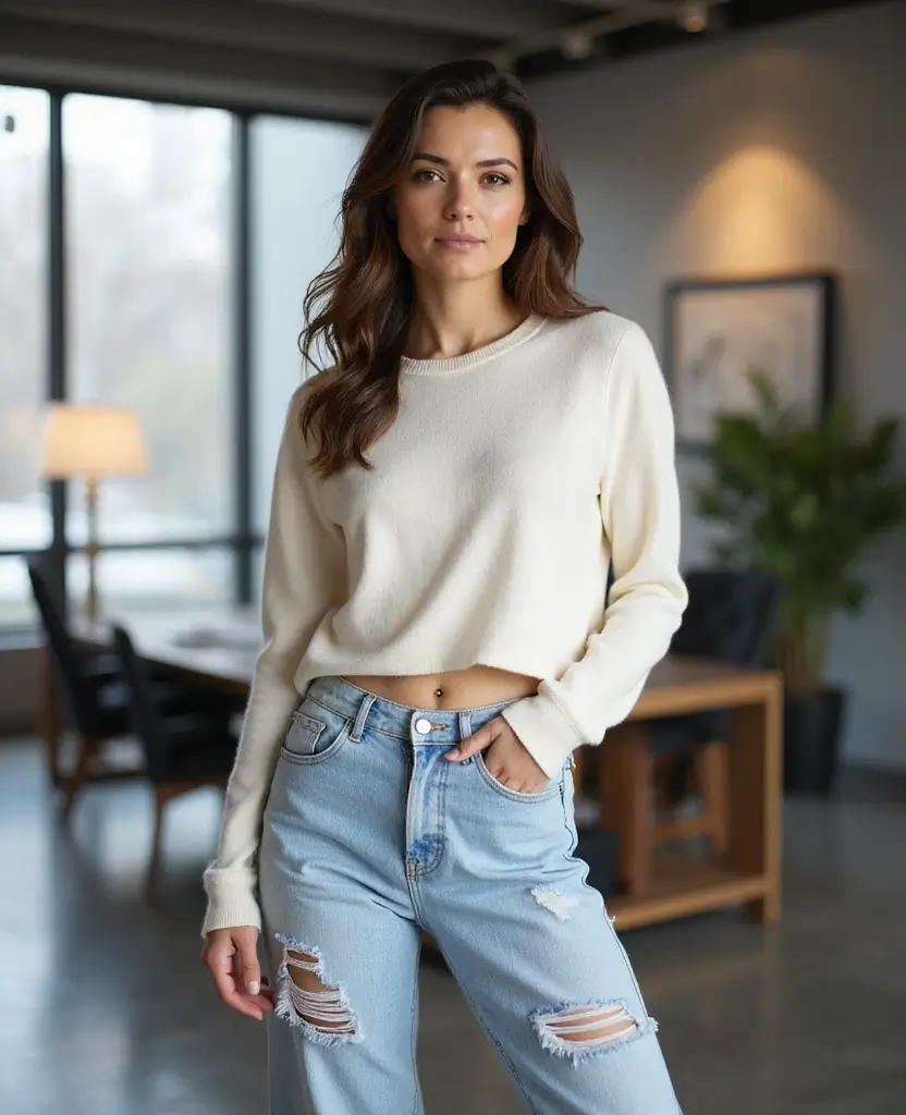 22 Work Outfit Ideas for Women Who Mean Business - 13. Cropped Sweater and High-Waisted Jeans