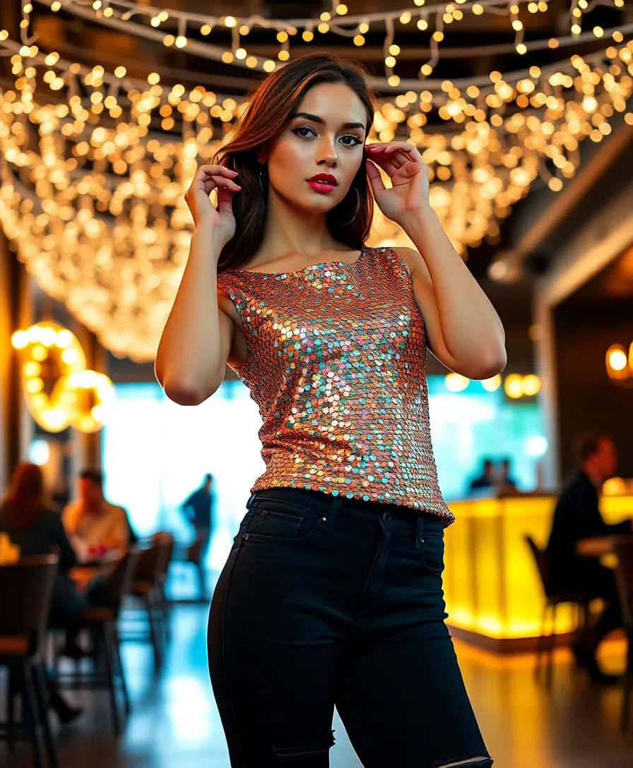 23 Black Jeans Outfit Ideas Women Are Obsessed With - 12. Elegant Evening Wear with a Sparkly Top