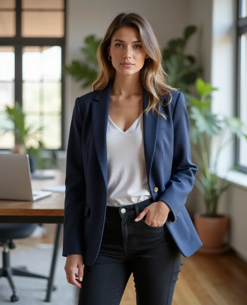 23 Black Jeans Outfit Ideas Women Are Obsessed With - 7. Chic Office Ensemble with a Blazer