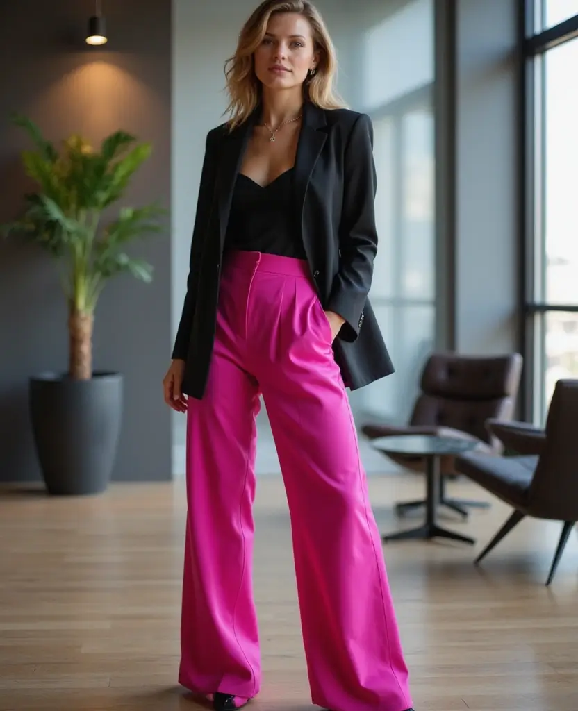 23 Black Outfit Ideas That Are Always in Style - 10. Black Blazer with Pink Wide-Leg Pants