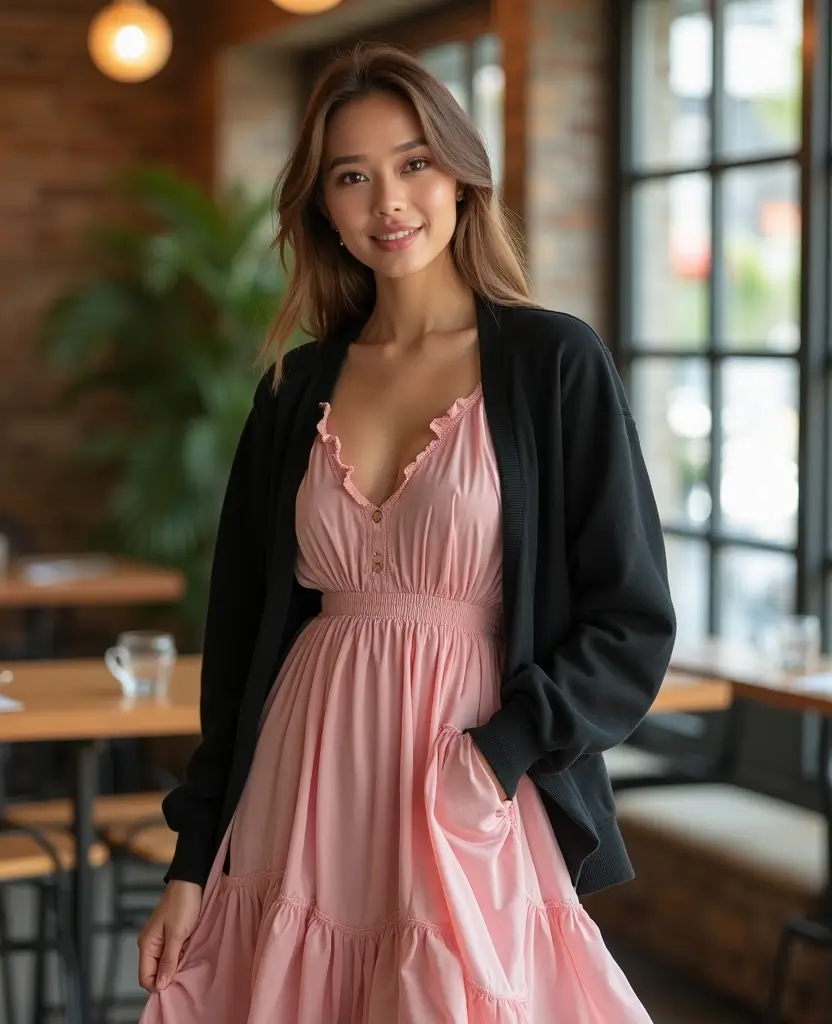 23 Black Outfit Ideas That Are Always in Style - 13. Black Cardigan with a Pink Dress