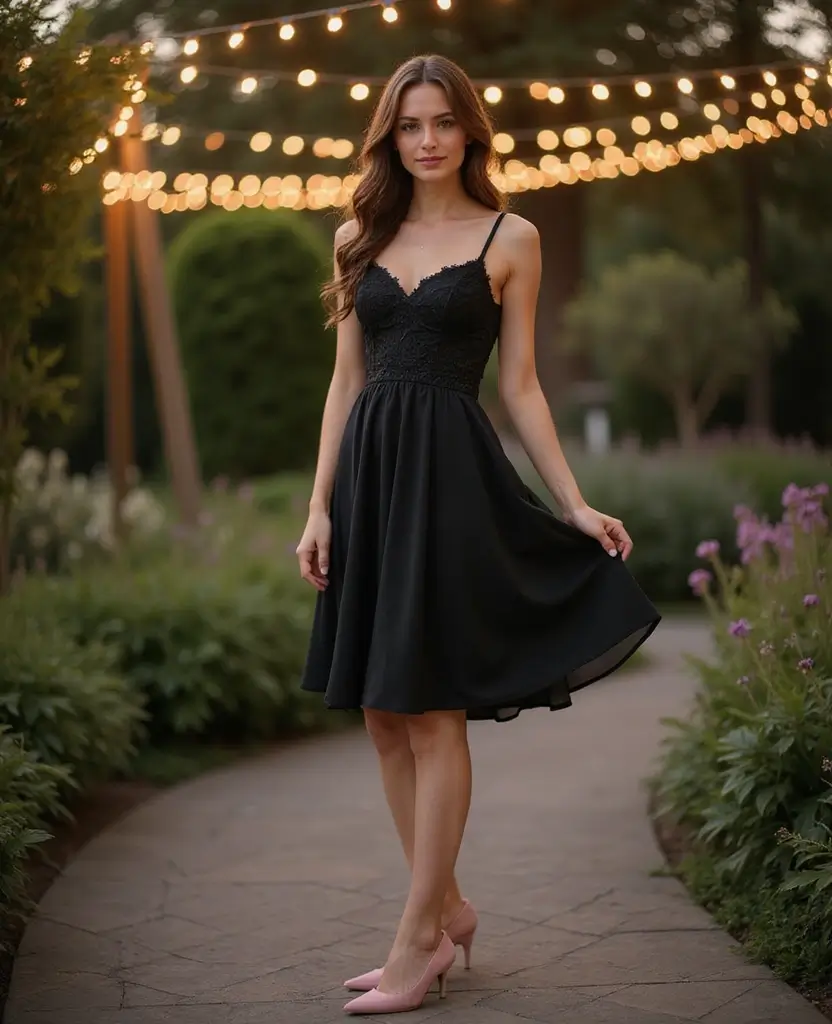 23 Black Outfit Ideas That Are Always in Style - 15. Black Fit-and-Flare Dress with Pink Pumps
