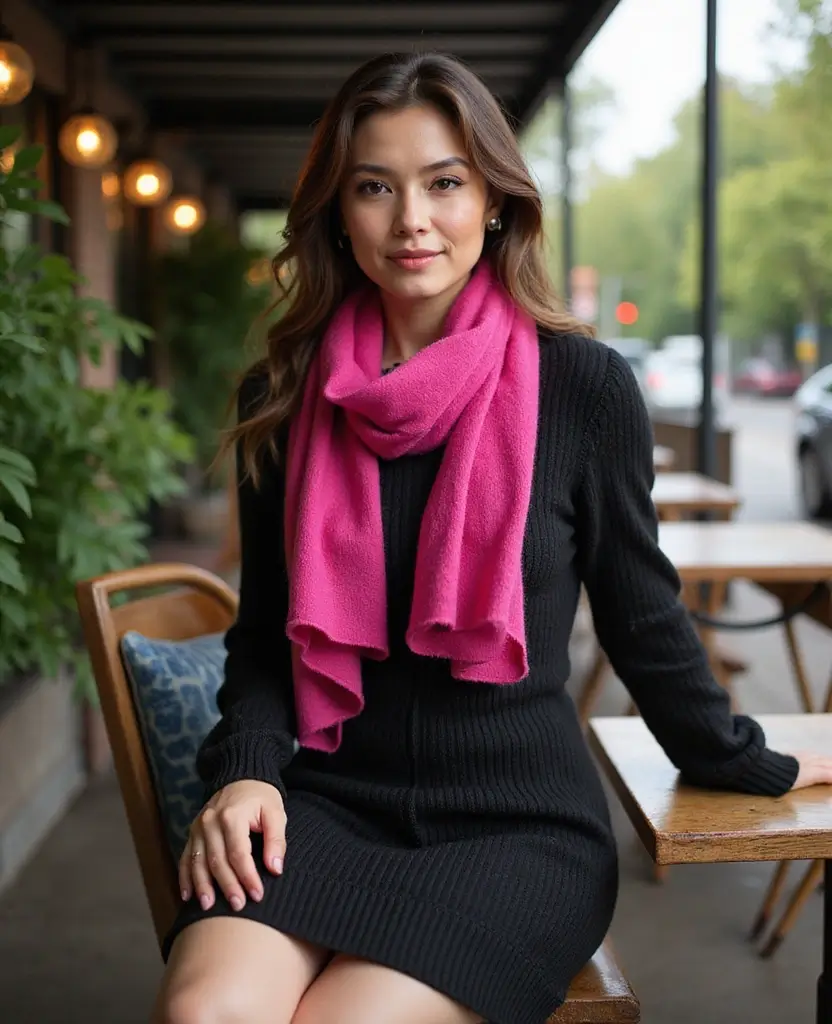 23 Black Outfit Ideas That Are Always in Style - 19. Black Knit Dress with Pink Scarf