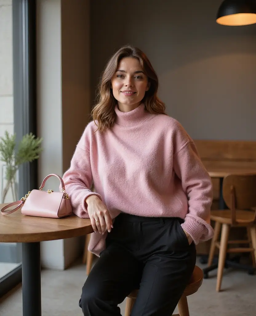 23 Black Outfit Ideas That Are Always in Style - 4. Black Trousers with a Pink Sweater