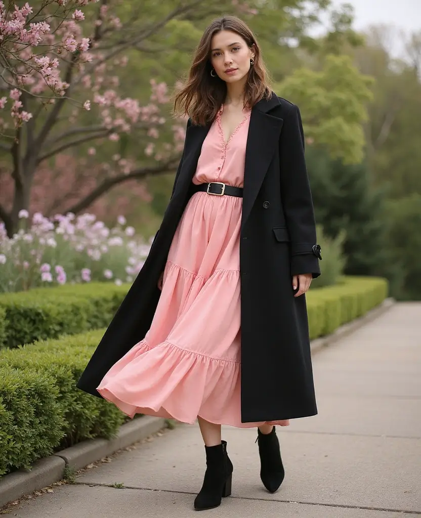 23 Black Outfit Ideas That Are Always in Style - 7. Long Black Coat with a Pink Midi Dress