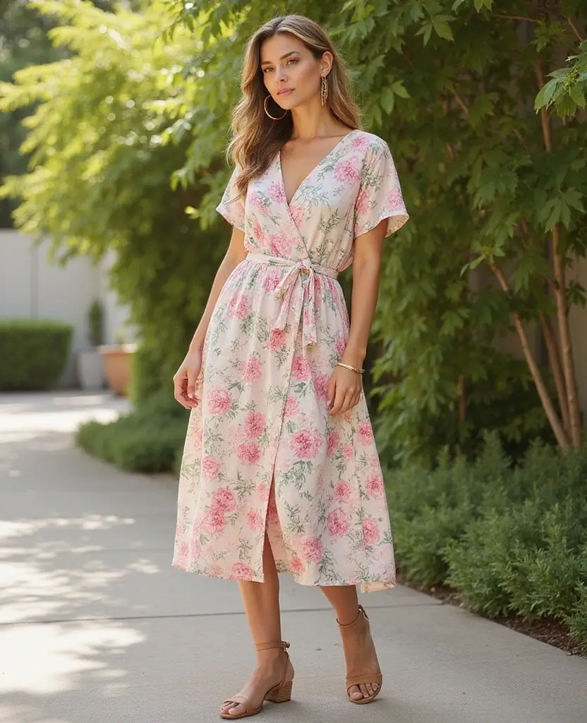 23 Church Outfit Ideas for Modest Elegance - 10. Midi Wrap Dress with Comfortable Sandals