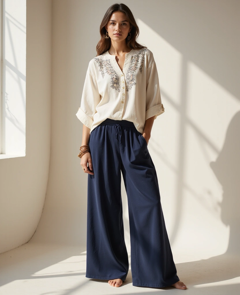23 Church Outfit Ideas for Modest Elegance - 19. Sophisticated Palazzo Pants with Tunic