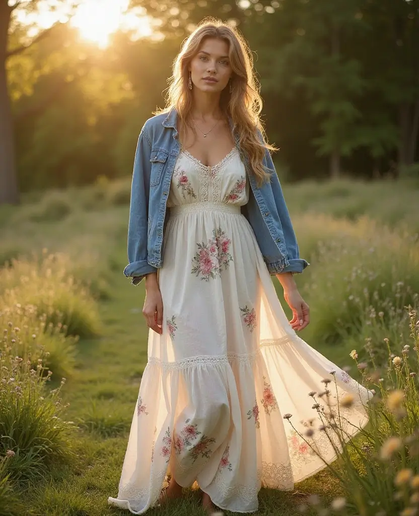 23 Church Outfit Ideas for Modest Elegance - 4. Bohemian Maxi Dress with Denim Jacket