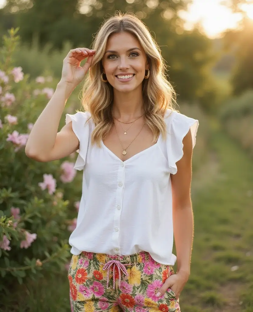 23 Church Outfit Ideas for Modest Elegance - 8. Floral Printed Pants with Solid Top
