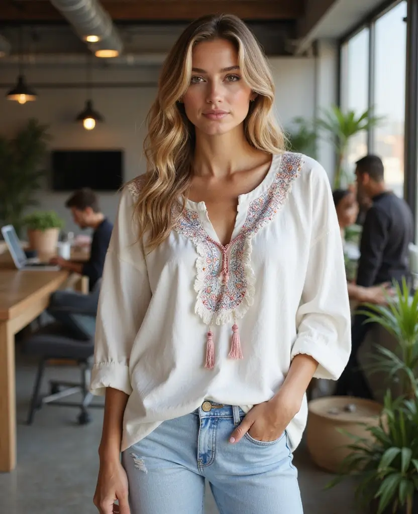 23 Dress Code Outfits for Every Event: Embracing Hippie Style - 8. Boho-Chic Tunic Top for a Casual Friday