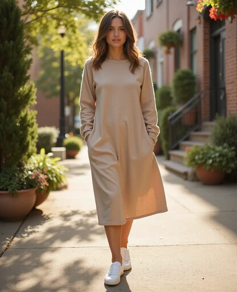 23 Dress and Sneakers Outfits for a Cool-Girl Vibe - 11. Knit Dress with Slip-Ons