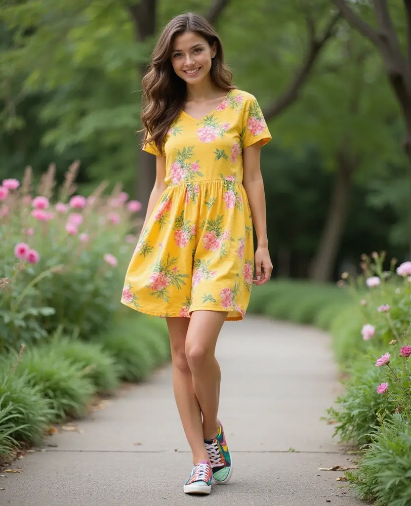 23 Dress and Sneakers Outfits for a Cool-Girl Vibe - 12. Shift Dress with Bright Sneakers