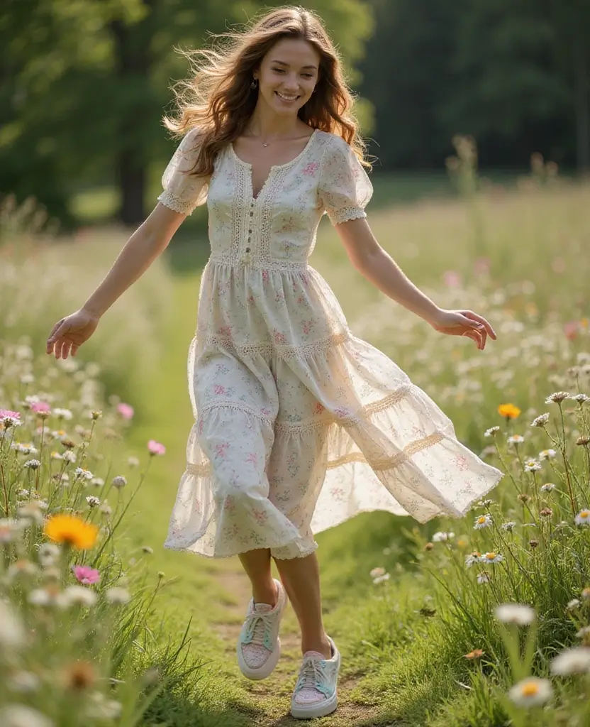 23 Dress and Sneakers Outfits for a Cool-Girl Vibe - 14. Tiered Dress with Vintage Sneakers
