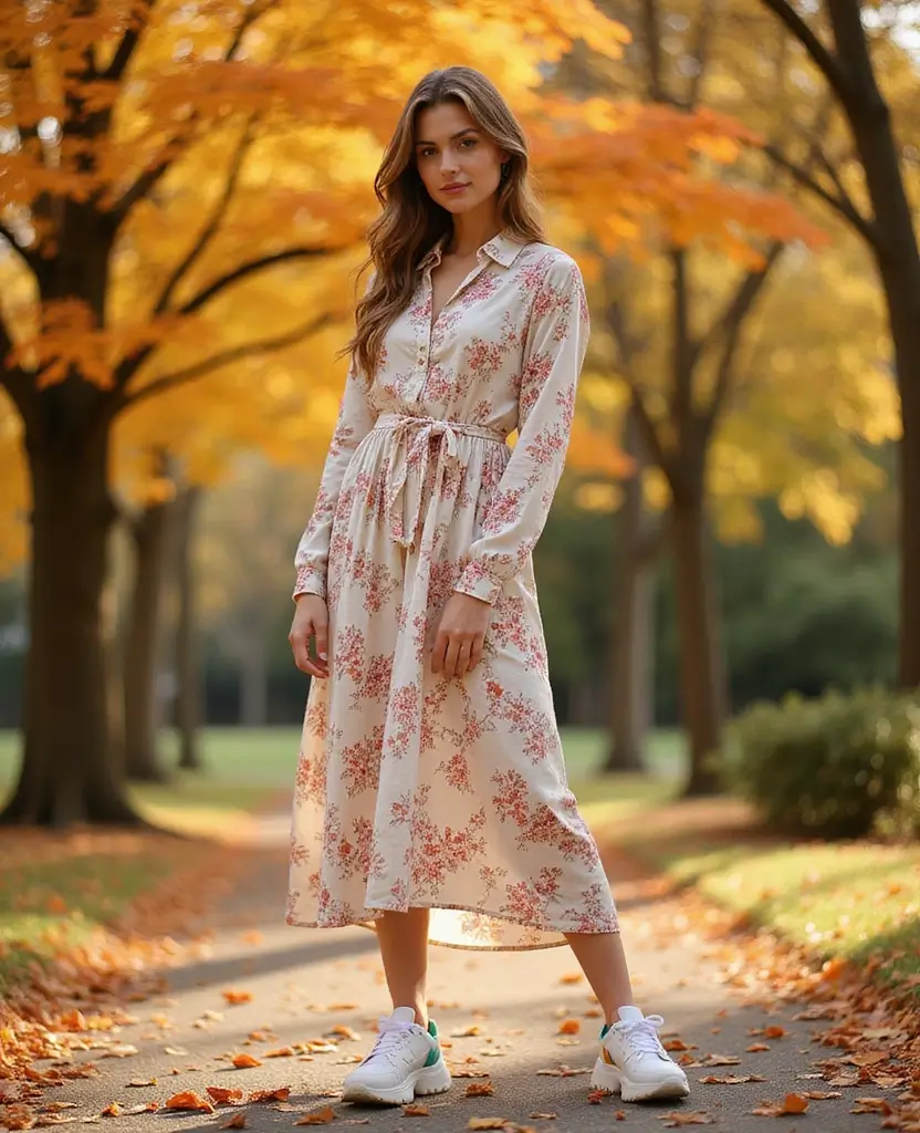23 Dress and Sneakers Outfits for a Cool-Girl Vibe - 15. Long Sleeve Dress with Bold Sneakers