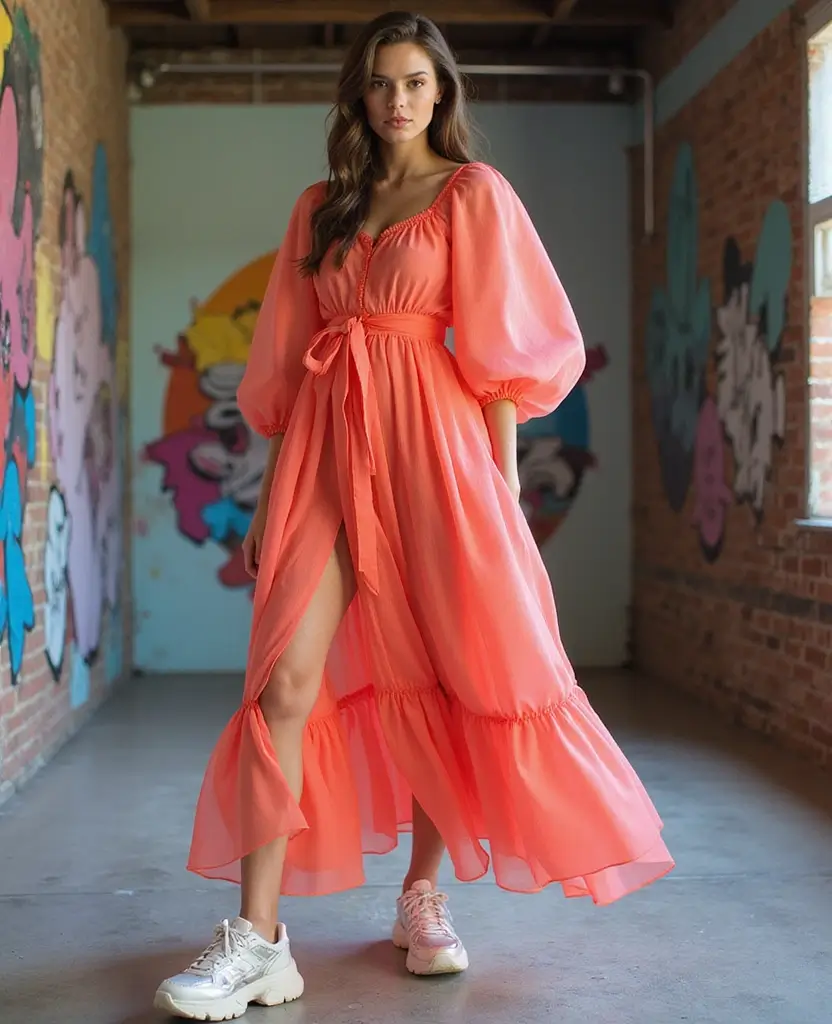 23 Dress and Sneakers Outfits for a Cool-Girl Vibe - 22. Ballon Dress with Bold Sneakers