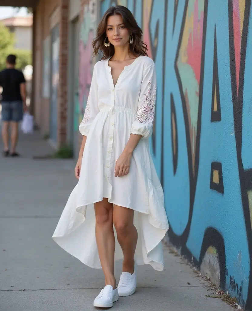 23 Dress and Sneakers Outfits for a Cool-Girl Vibe - 23. Long Tunic Dress with Slip-On Sneakers