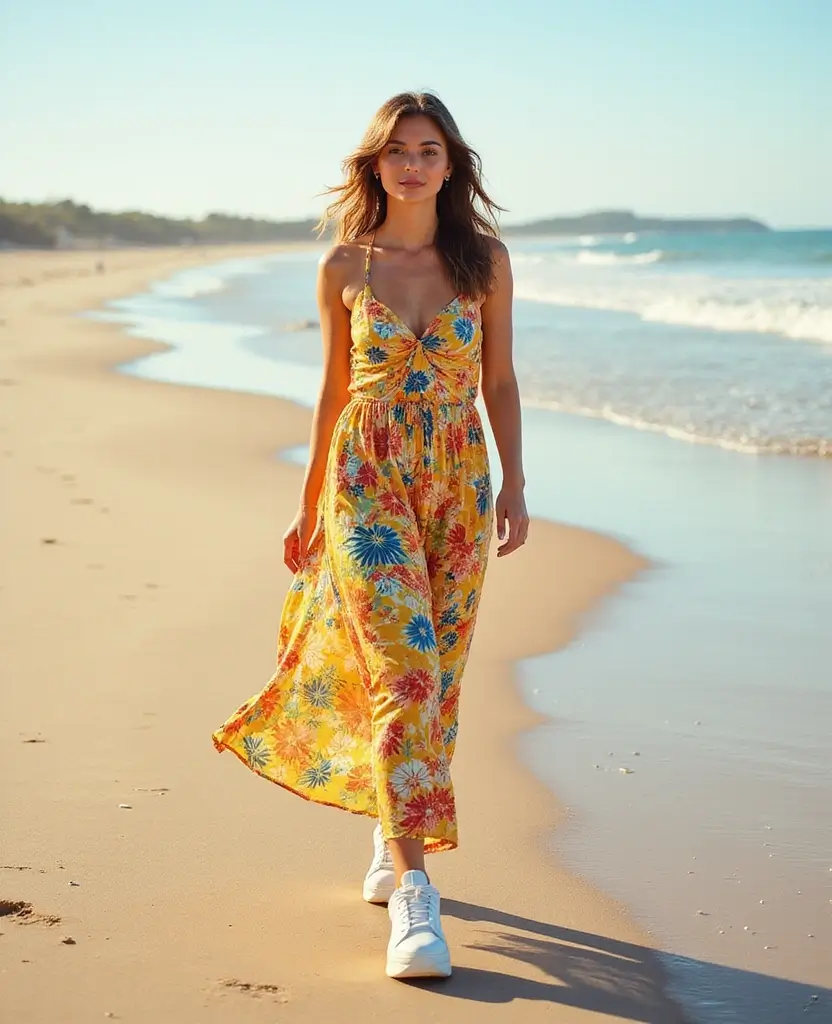 23 Dress and Sneakers Outfits for a Cool-Girl Vibe - 5. Maxi Dress with Platform Sneakers