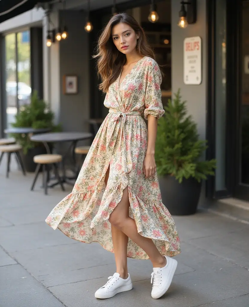 23 Dress and Sneakers Outfits for a Cool-Girl Vibe - 8. Wrap Dress with Sleek Sneakers