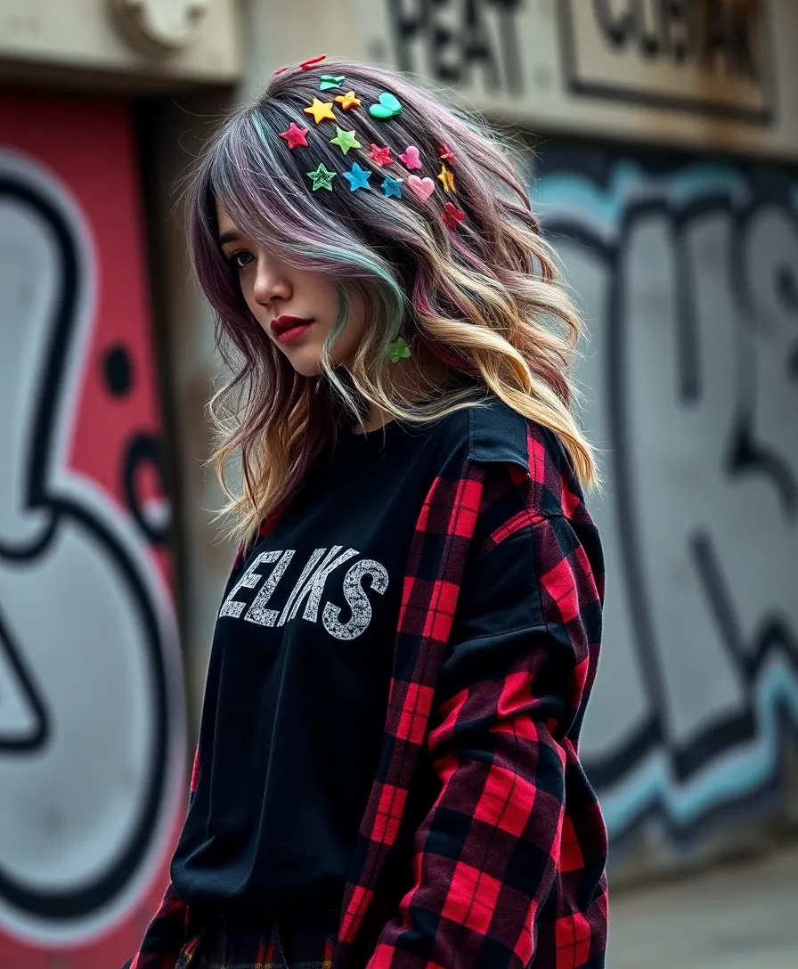 23 Emo Outfit Ideas for Expressive Style - 20. Colorful Hair Clips with Emo Style