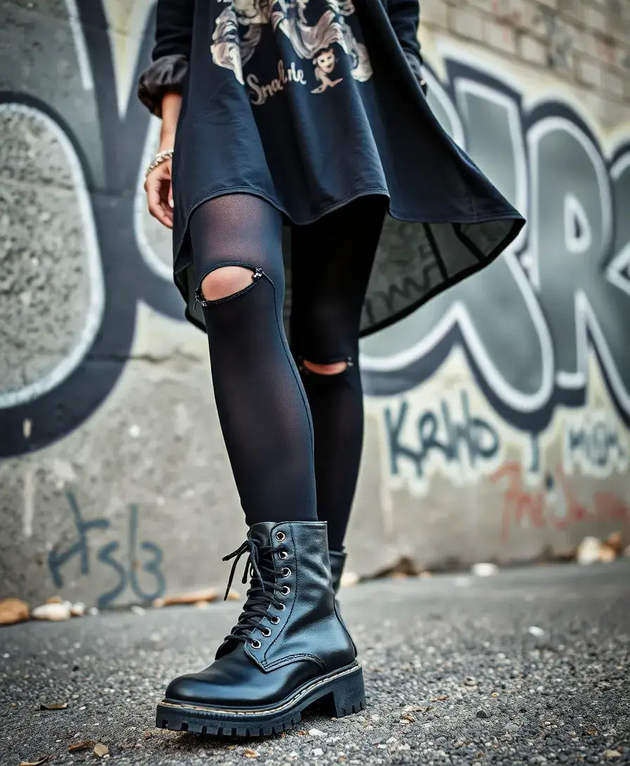 23 Emo Outfit Ideas for Expressive Style - 22. Combat Boots with Ripped Tights