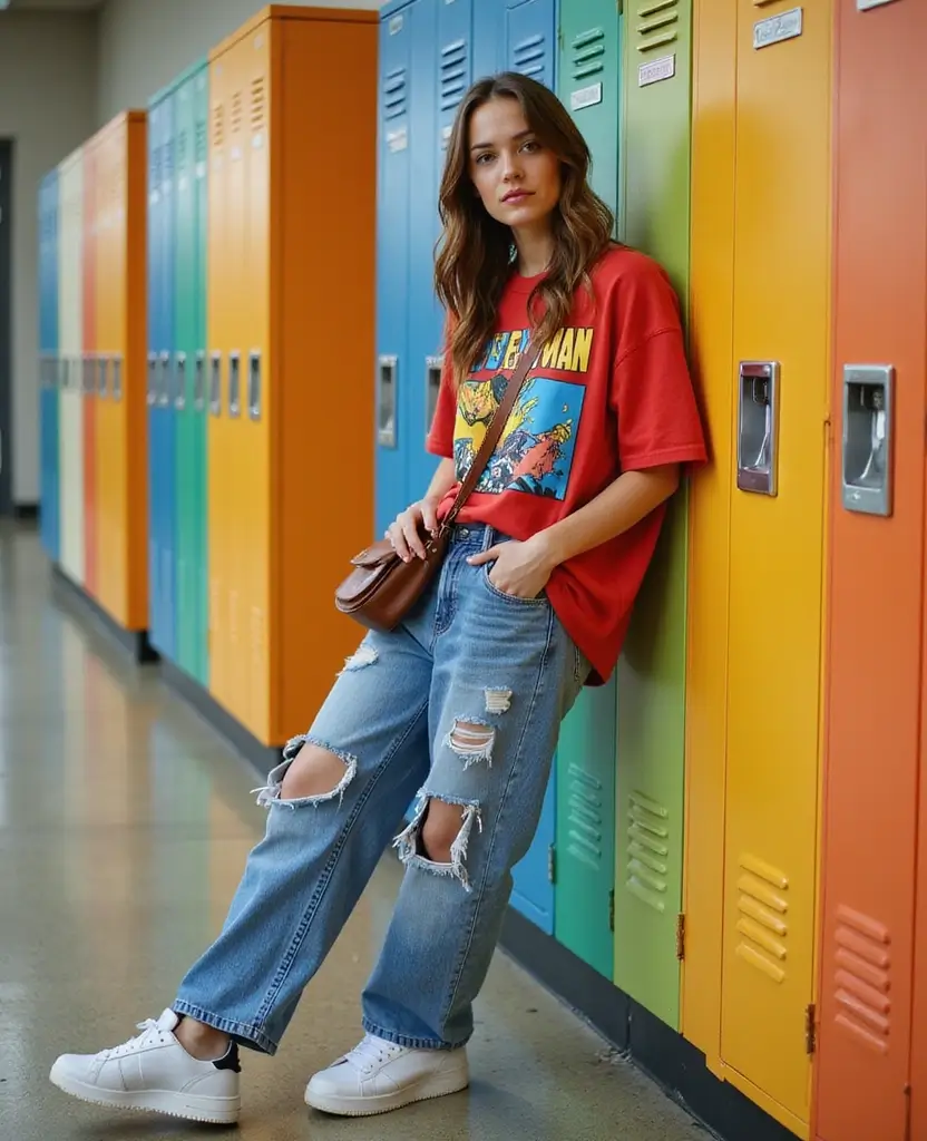 23 School Casual Outfit Ideas for Effortless Cool - 1. Oversized Graphic Tee & Ripped Jeans