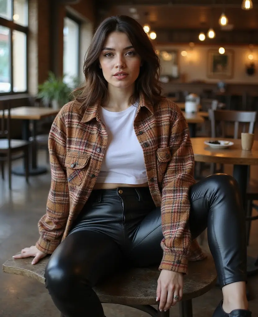 23 School Casual Outfit Ideas for Effortless Cool - 10. Baggy Flannel & Faux Leather Leggings