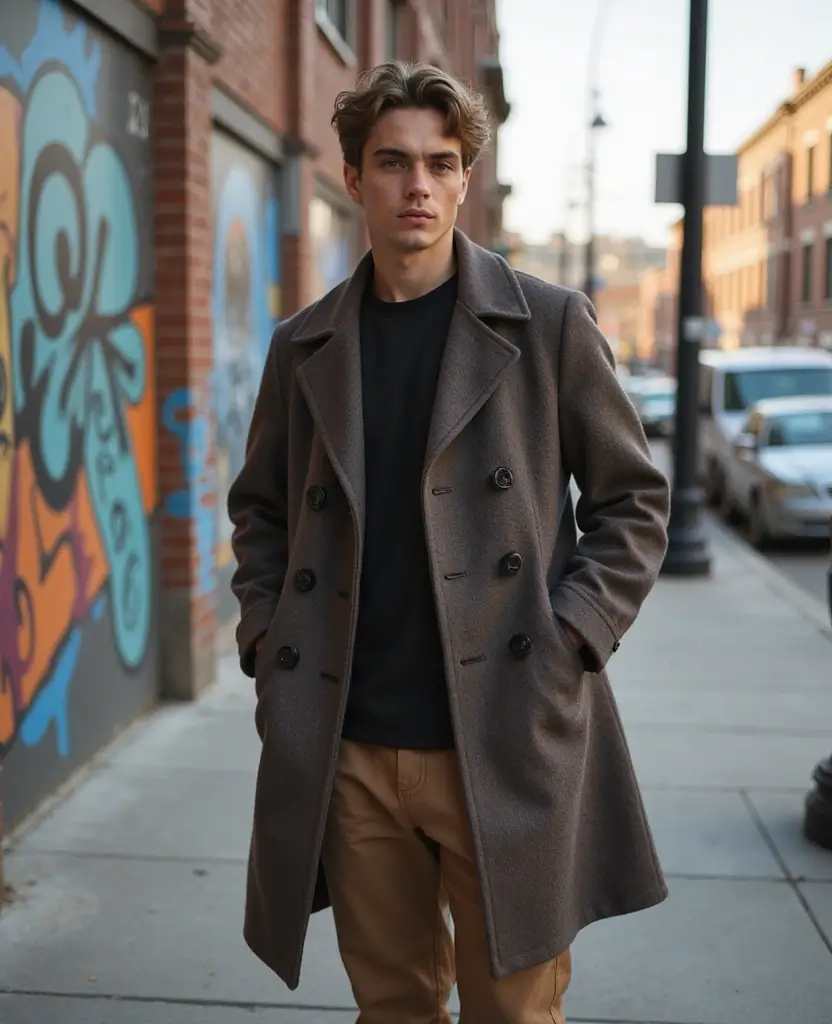 23 School Casual Outfit Ideas for Effortless Cool - 14. Baggy Peacoat & Casual Pants