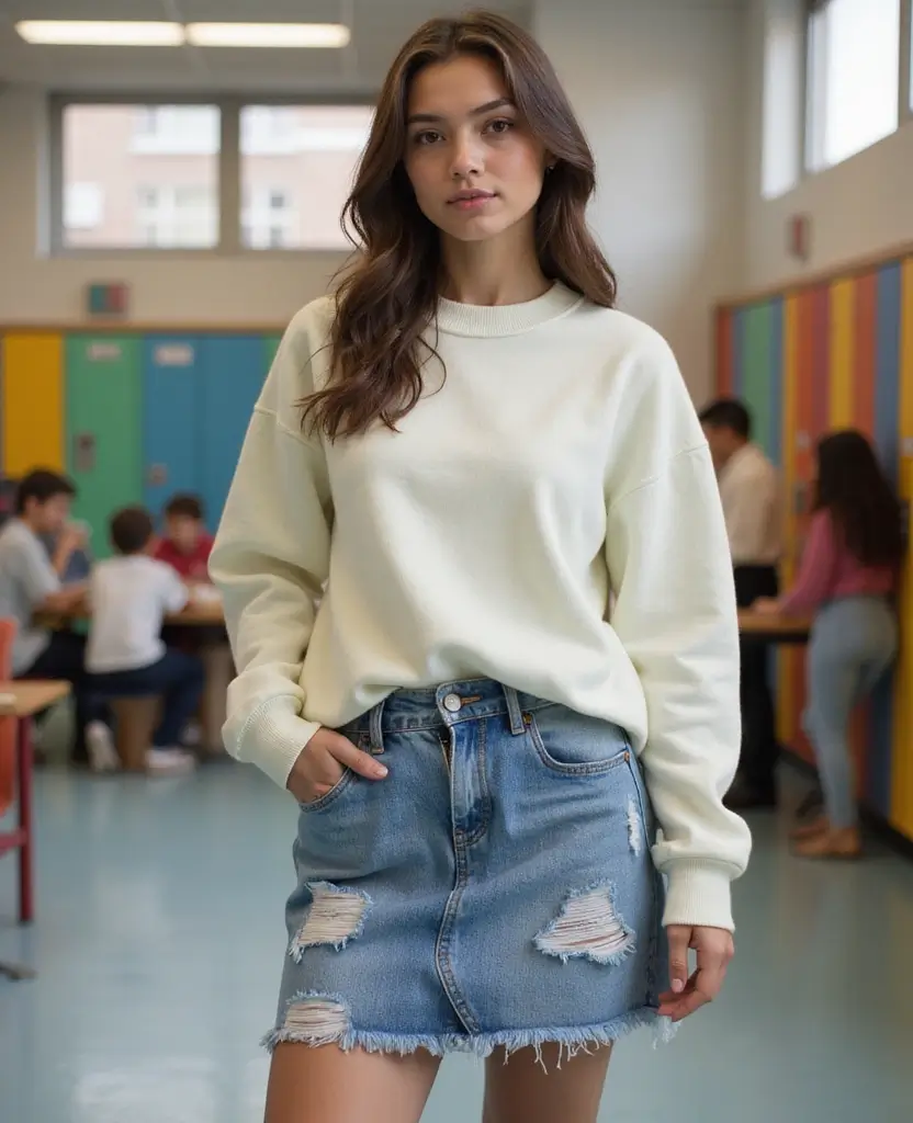 23 School Casual Outfit Ideas for Effortless Cool - 15. Baggy Crewneck & Denim Skirt