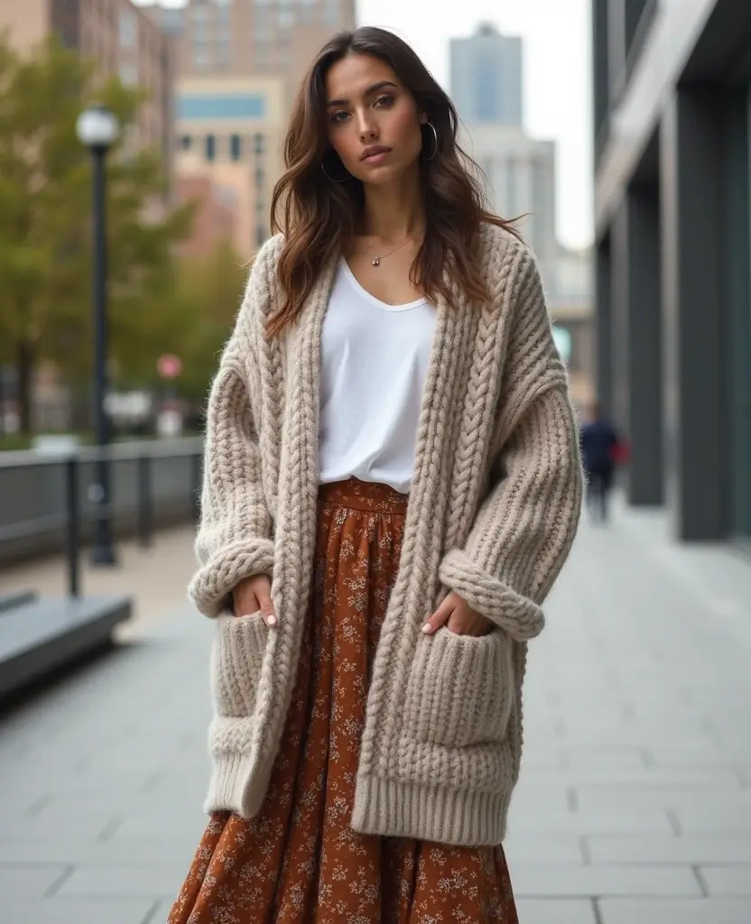 23 School Casual Outfit Ideas for Effortless Cool - 18. Baggy Long Cardigan & Midi Skirt