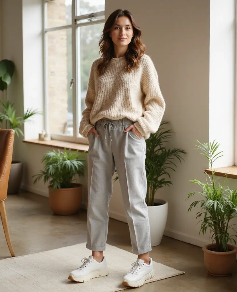 23 School Casual Outfit Ideas for Effortless Cool - 2. Baggy Sweater & High-Waisted Trousers
