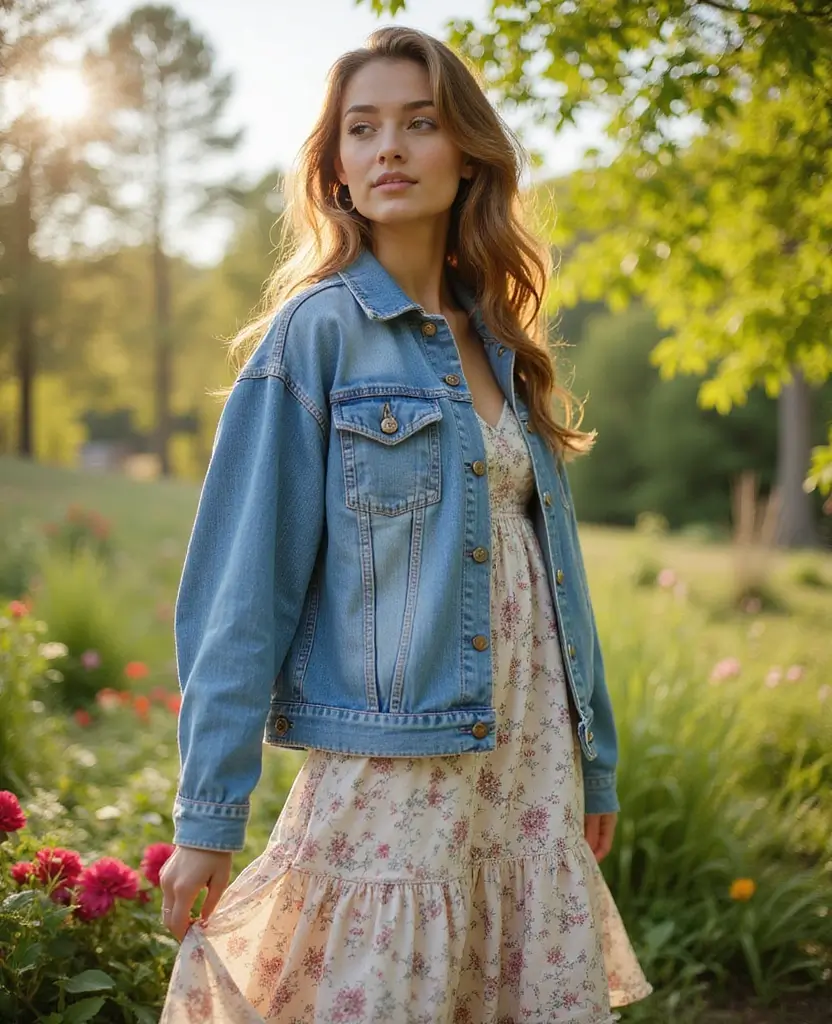 23 School Casual Outfit Ideas for Effortless Cool - 4. Oversized Denim Jacket & Flowy Dress