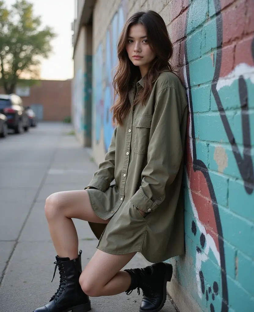23 School Casual Outfit Ideas for Effortless Cool - 9. Baggy Shirt Dress & Combat Boots