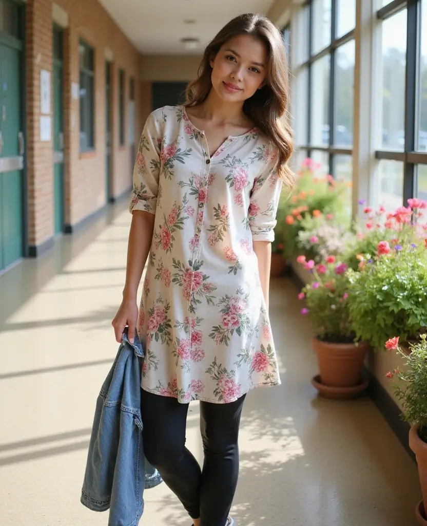 23 School Spring Outfit Ideas to Brighten Your Day - 1. Classic Leggings with a Tunic