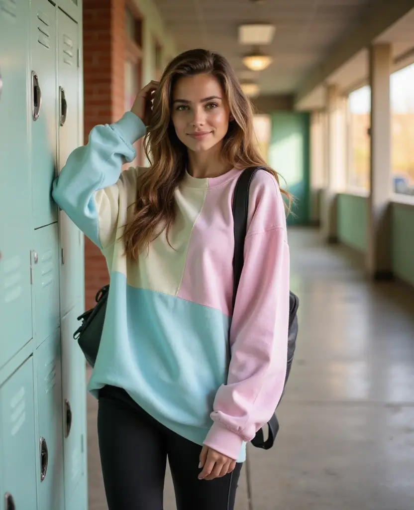 23 School Spring Outfit Ideas to Brighten Your Day - 2. Leggings and Oversized Sweatshirt