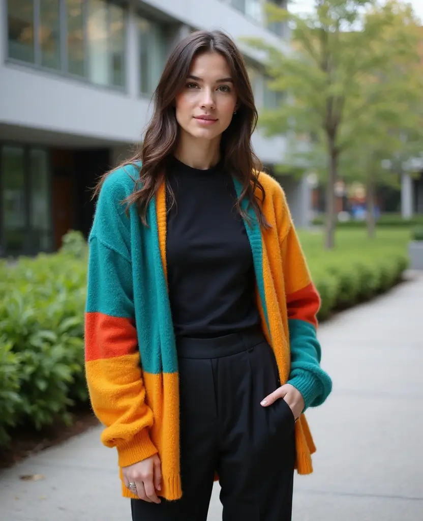 23 Streetwear Outfit Ideas for Urban Edge - 19. Color Blocked Cardigan with Monochrome Outfit