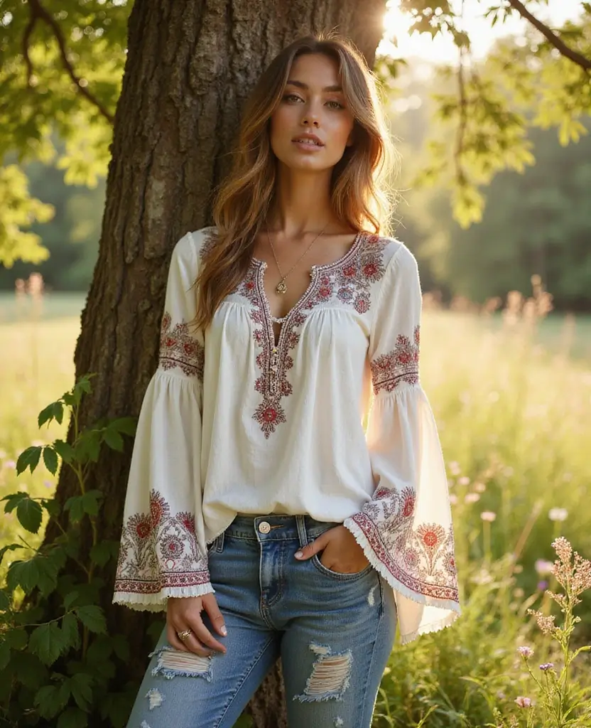 23 Streetwear Outfit Ideas for Urban Edge - 23. Flowy Bohemian Top with Distressed Denim