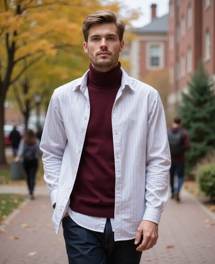 23 Streetwear Outfit Ideas for Urban Edge - 5. Layered Turtleneck Under a Button-Up