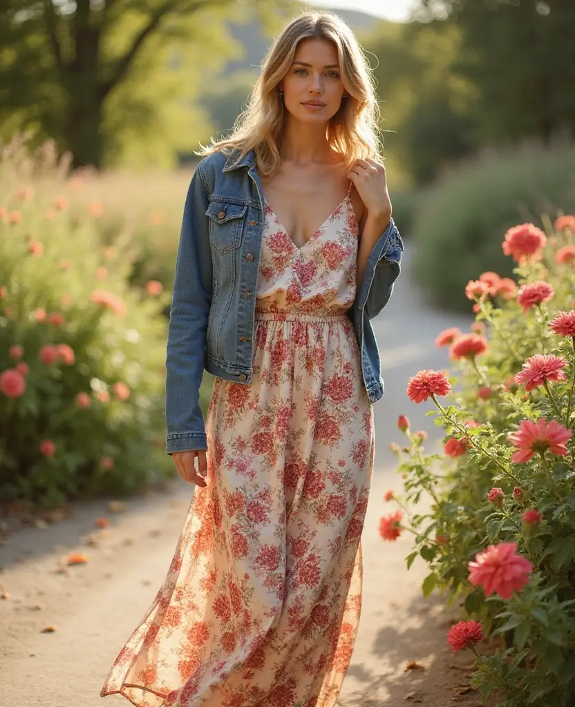23 Streetwear Outfit Ideas for Urban Edge - 6. Denim Jacket Over a Maxi Dress
