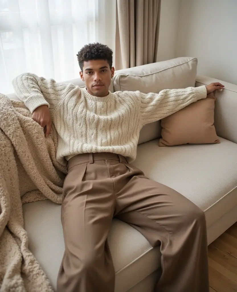 23 Streetwear Outfit Ideas for Urban Edge - 7. Chunky Knit Sweater with Wide-Leg Trousers