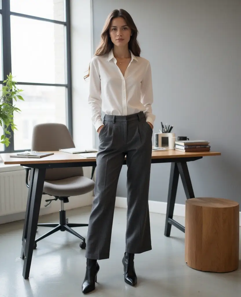 23 Sustainable Interview Outfit Ideas Featuring Eco-Friendly Boots for Fall and Winter - 1. Classic Black Ankle Boots with Tailored Trousers