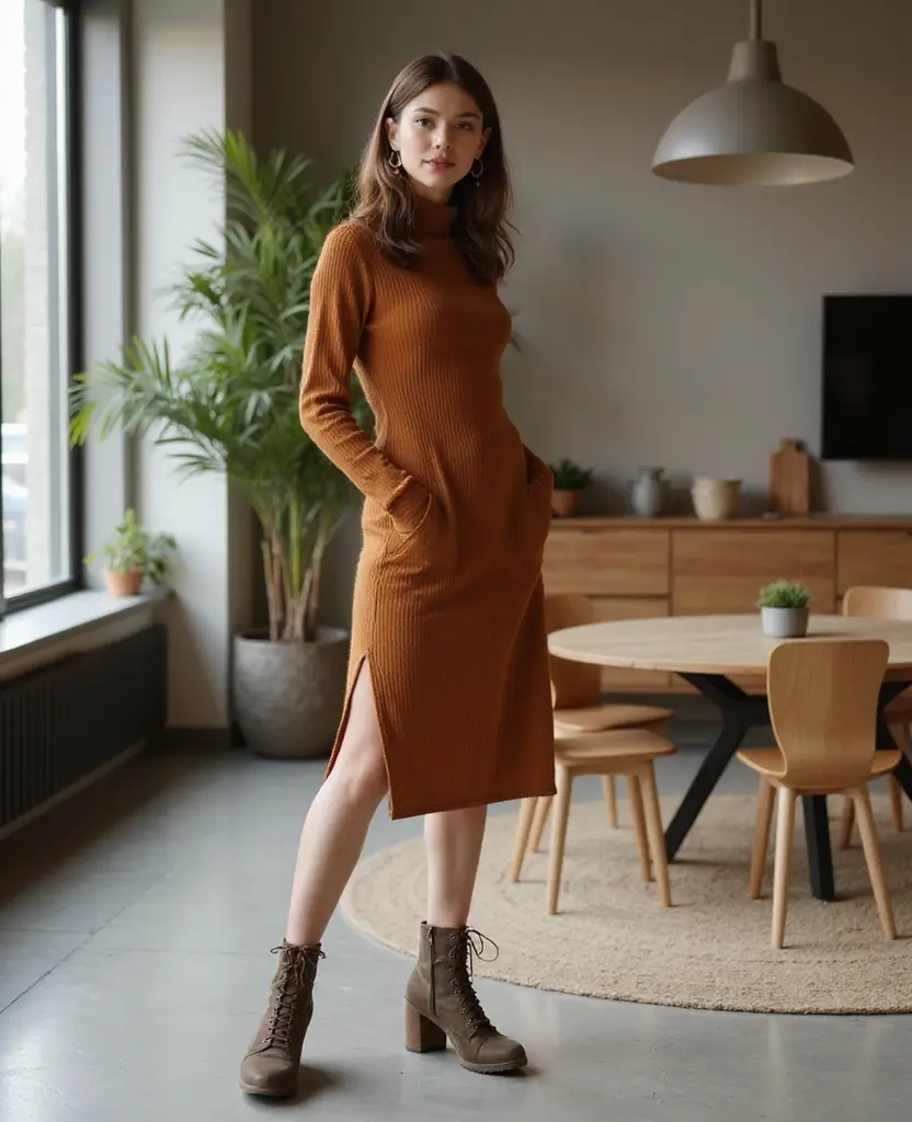 23 Sustainable Interview Outfit Ideas Featuring Eco-Friendly Boots for Fall and Winter - 10. Eco-Friendly Platform Boots with a Turtleneck Dress