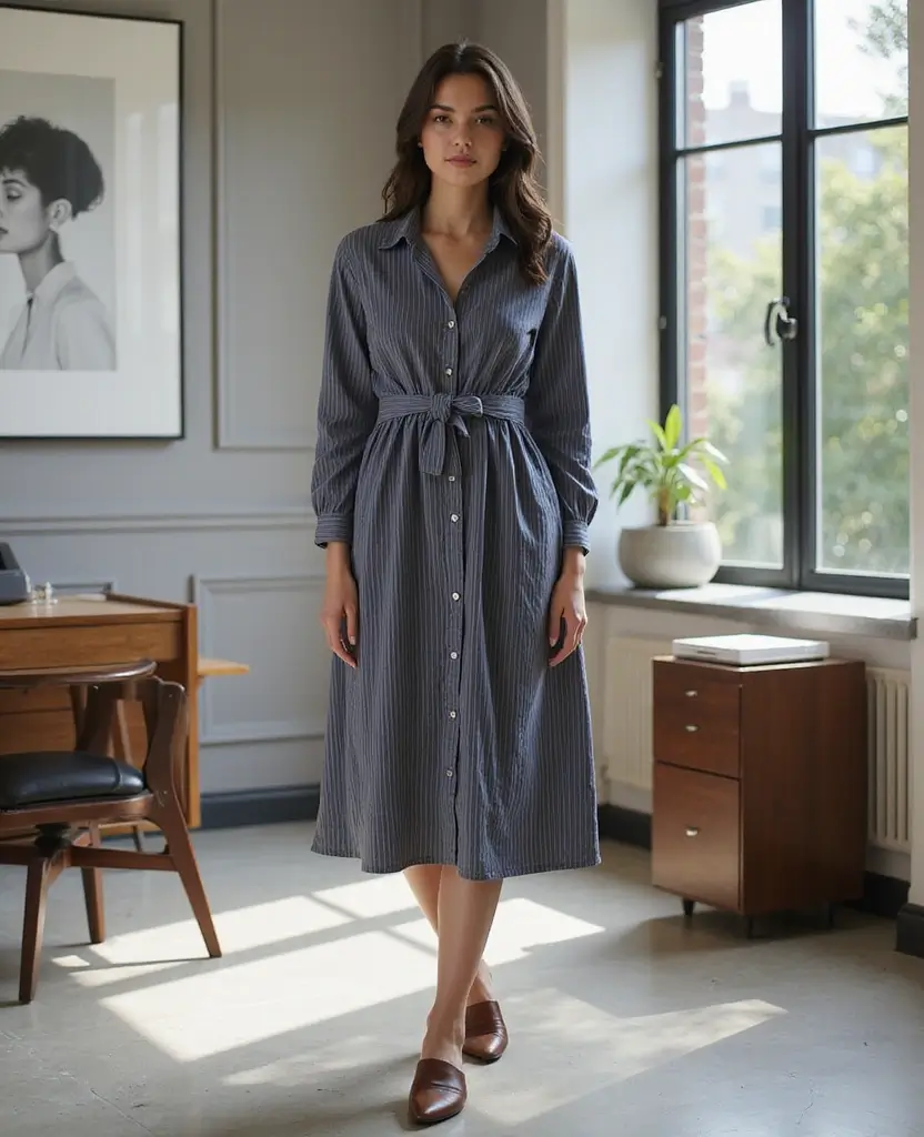 23 Sustainable Interview Outfit Ideas Featuring Eco-Friendly Boots for Fall and Winter - 15. Timeless Mules with a Button-Up Dress