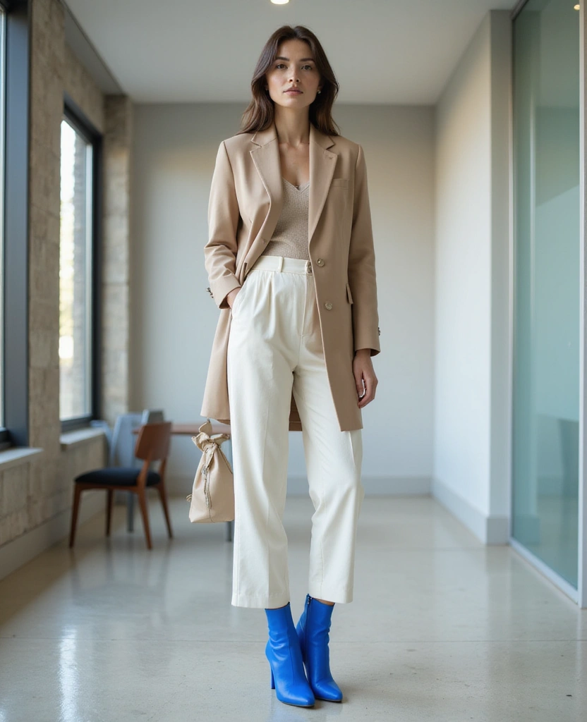 23 Sustainable Interview Outfit Ideas Featuring Eco-Friendly Boots for Fall and Winter - 16. Bright Colored Boots with Neutral Tones