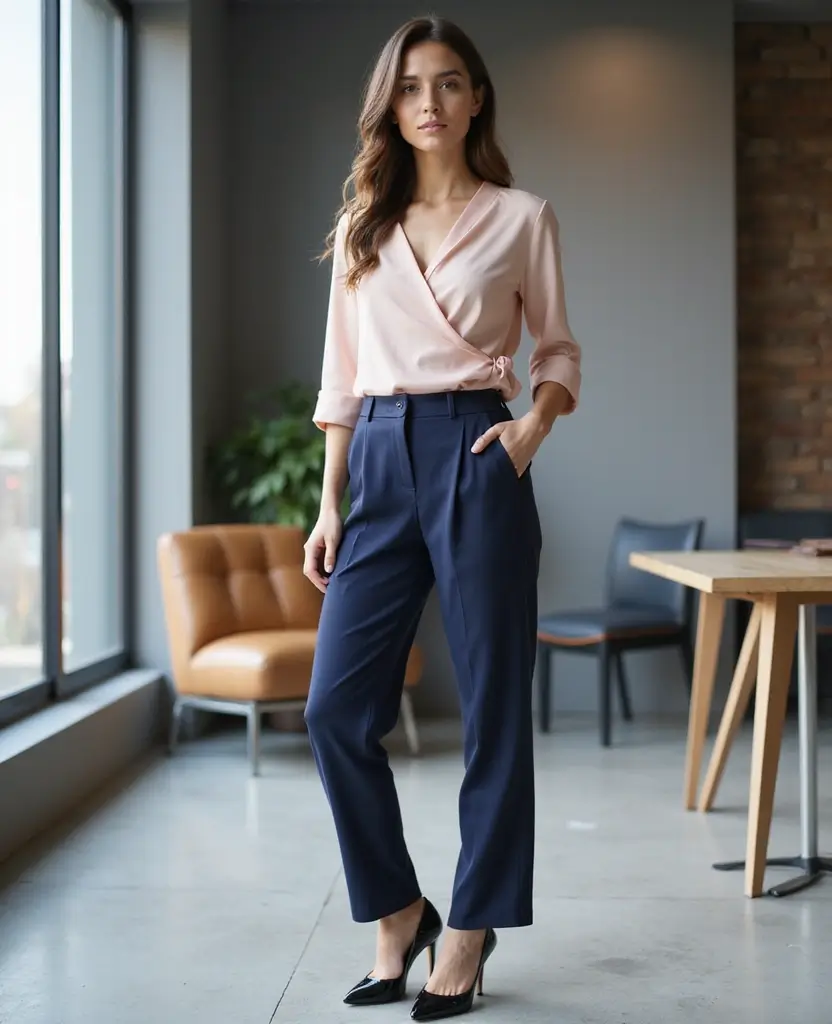 23 Sustainable Interview Outfit Ideas Featuring Eco-Friendly Boots for Fall and Winter - 19. Classic Heels with a Wrap Top and Straight-Leg Pants