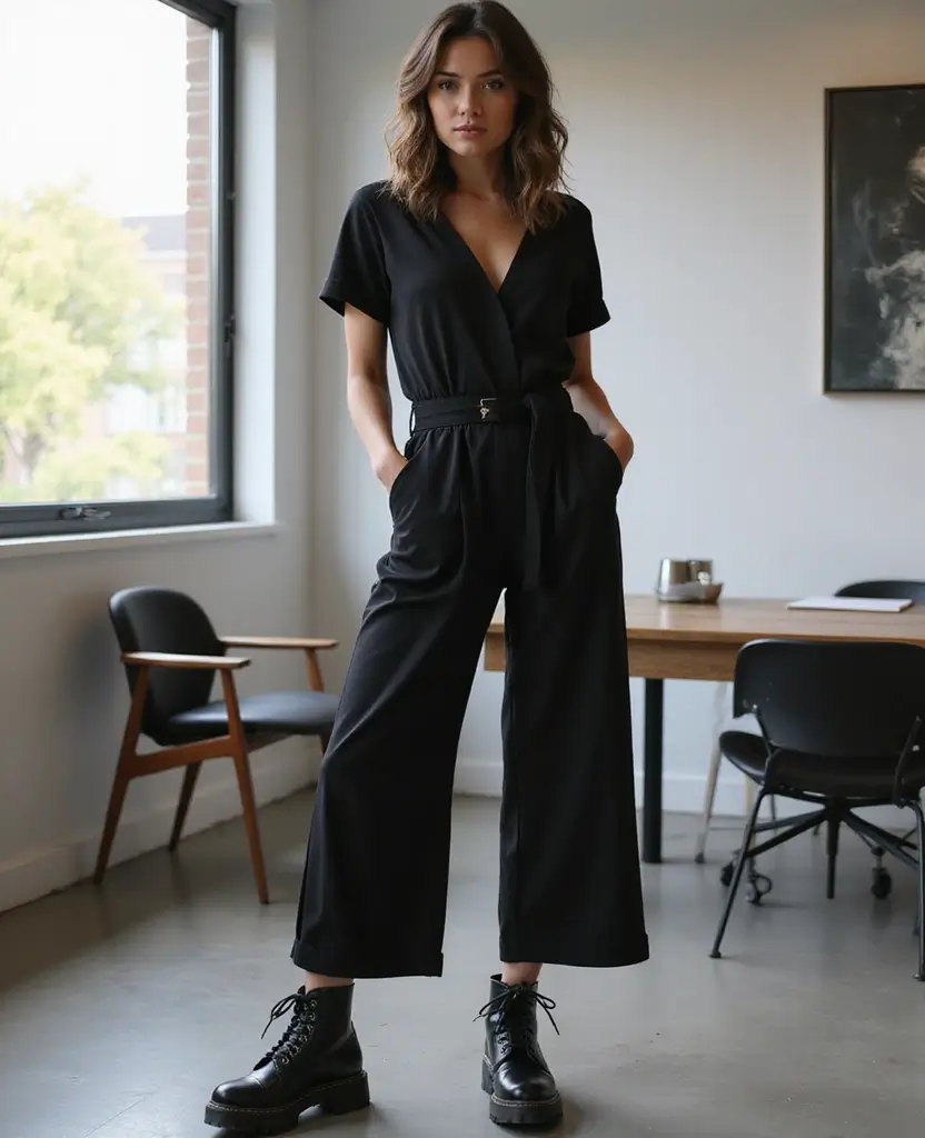 23 Sustainable Interview Outfit Ideas Featuring Eco-Friendly Boots for Fall and Winter - 3. Sleek Combat Boots with a Tailored Jumpsuit