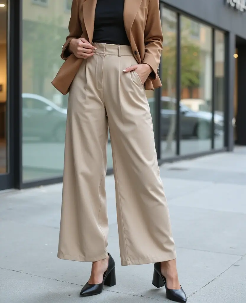 23 Sustainable Interview Outfit Ideas Featuring Eco-Friendly Boots for Fall and Winter - 5. Stylish Block Heels with Wide-Leg Trousers
